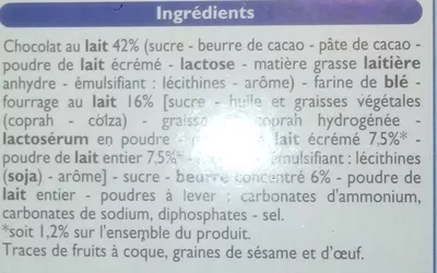 Liste des ingrédients du produit P'tit Sacripant fourrés au lait Leader Price 140 g (8 biscuits)