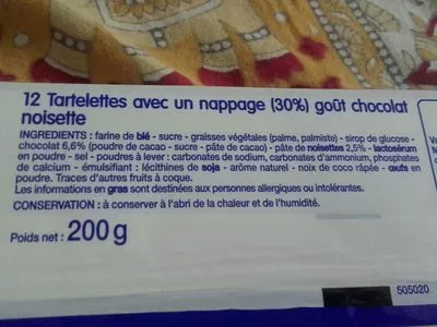 Lista de ingredientes del producto 12 Tartelettes Goût Chocolat Noisettes Leader Price 200 g e