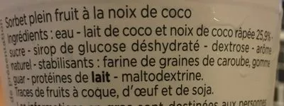 List of product ingredients Sorbet Plein fruit Noix de coco Franprix 120 ml/78 g