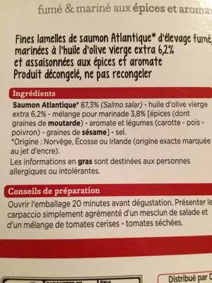 List of product ingredients Franprix carpaccio de saumon fumé mariné épices & Franprix 100 g