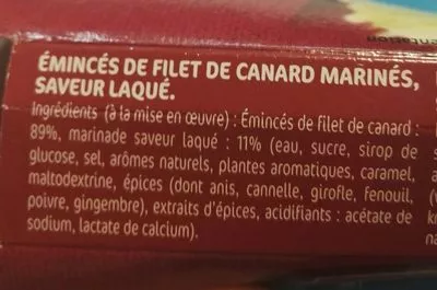 Liste des ingrédients du produit émincés de filet de canard laque Le gaulois 240 g