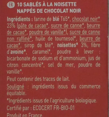 Lista de ingredientes del producto Plaisir noisette chocolat noir Le moulin du Pivert 130g