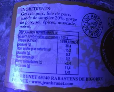 Liste des ingrédients du produit Terrine de sanglier Jean Brunet 