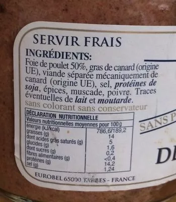 Liste des ingrédients du produit Pâté de foie de volaille Belesa 180 g