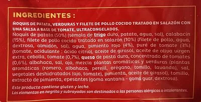 List of product ingredients Gnocchi pollo y verduras Hacendado 