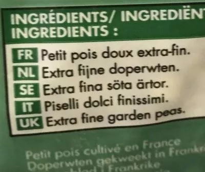 List of product ingredients Petits pois doux extra-fins Picard 1 kg