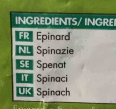 Lista de ingredientes del producto Epinards en branche Picard 1kg