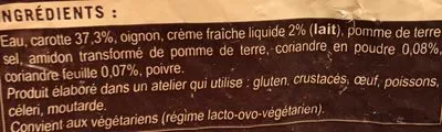 Lista de ingredientes del producto Veloutė carotte coriandre Picard 1 kg