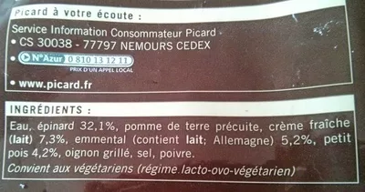 Liste des ingrédients du produit Velouté d'Épinard, Petit Pois, crème, emmental picard 1 kg