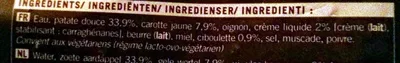 Lista de ingredientes del producto Velouté Patate douce, Carotte jaune et Ciboulette Picard 1 kg