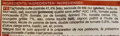 Lista de ingredientes del producto Tagliatelles au saumon sauce tomatée, légumes picard 900 g e