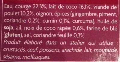 Lista de ingredientes del producto Soupe de courge, poulet et lait de coco Picard 300 g