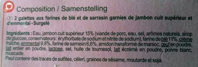 Liste des ingrédients du produit Galettes au Sarrasin, Jambon Emmental Carrefour 250 g e (2 * 125 g)