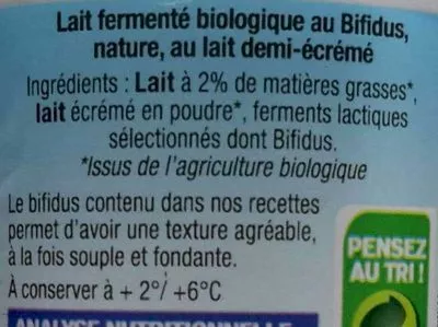 Lista de ingredientes del producto Yaourt Bifidus nature Tante Hélène 500 g