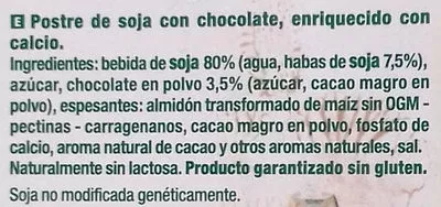 List of product ingredients Postre vegetal de soja plaisir chocolate sin lactosa Sojasun 400 g (4 x 100 g)