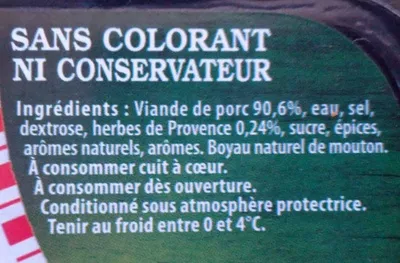 List of product ingredients Chipolatas Herbes de Provence Bigard, Charcuteries du Don 330 g (x 6)