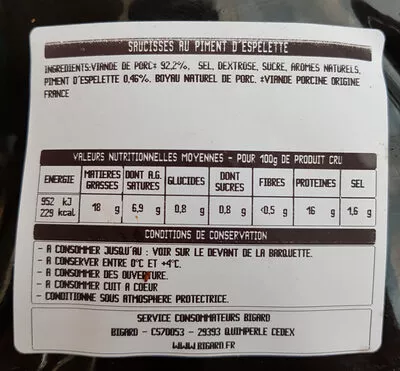 List of product ingredients Saucisses au piment d'Espelette, 5 x 66g Bigard 330g
