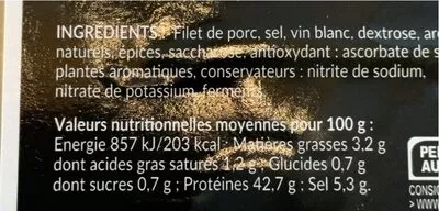Liste des ingrédients du produit Filet mignon seché  75 g