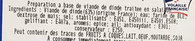 List of product ingredients Allumettes de Dinde, Halal Médina Halal 0,200 kg
