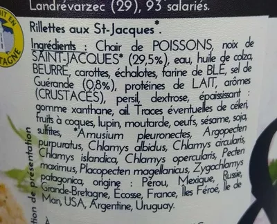 Lista de ingredientes del producto Rillettes de St Jacques à la Bretonne Guyader 120 g