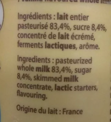 Lista de ingredientes del producto Yaourt au Lait Entier saveur Vanille Malo 500 g (4 x 125 g)