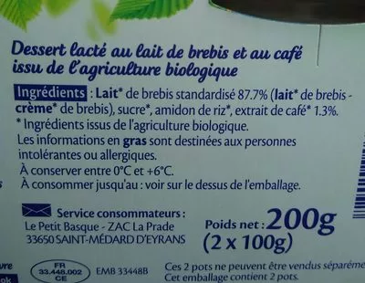 Lista de ingredientes del producto Crème au café au lait de brebis bio Le Petit Basque 