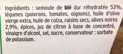 Liste des ingrédients du produit Taboulé à l'huile d'olive 4% et aux olives noires Pierre Martinet 250 g