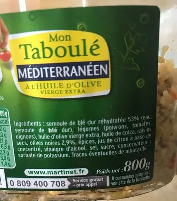 Lista de ingredientes del producto Mon taboulé méditerranéen Pierre Martinet 800g