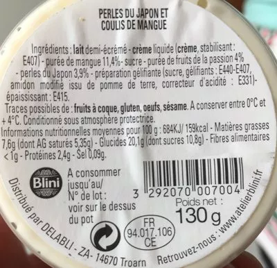 Liste des ingrédients du produit Perle du Japon et Mangue L'Atelier Blini 130 g