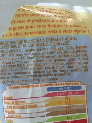 Liste des ingrédients du produit Sauce beurre blanc Thiriet 