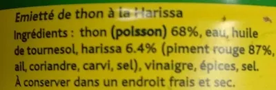List of product ingredients Emietté de Thon à la Harissa Le Phare du Cap Bon, Nautilus Food 162 g.