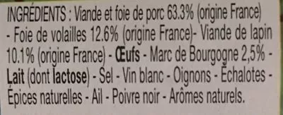 List of product ingredients Terrine Morvandelle au marc de Bourgogne Terrines du Morvan 180 g