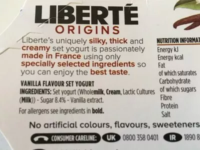 List of product ingredients French style yogurt vanilla Liberté, Yoplait 270 g