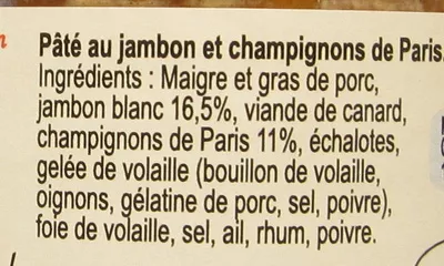 Liste des ingrédients du produit Pâté Parisien au Jambon et Champignons de Paris Lucien Georgelin 220 g