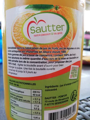 Liste des ingrédients du produit Jus d'orange Sautter 1 L