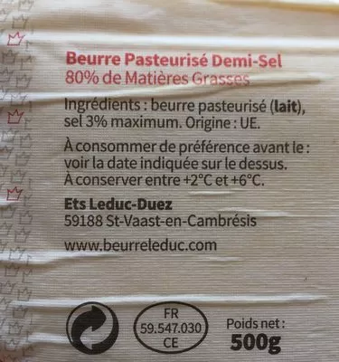 List of product ingredients Beurre Tendre Demi-Sel Leduc 500 g