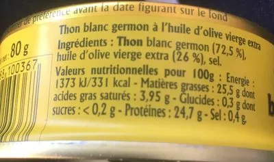 Liste des ingrédients du produit Thon blanc germon à l'huile d'olive La Belle-Iloise 