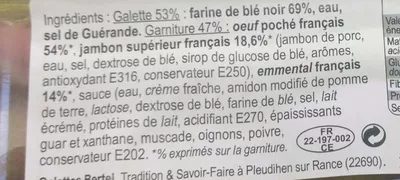 Lista de ingredientes del producto 2 Galettes Garnies Jambon supérieur, Œuf Poché et Emmental Français Bertel 300 g (2 * 150 g)