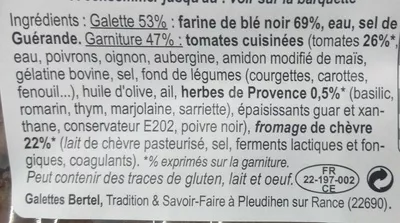 List of product ingredients 2 Galettes Garnies, Tomates Cuisinées, Chèvre Affiné et Herbes de Provence Bertel 300 g (2 *150 g)
