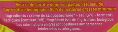 List of product ingredients Beurre de baratte demi-sel Monoprix Bio, Monoprix 250 g