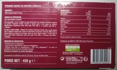 Lista de ingredientes del producto Épinards hachés surgelés Monoprix,  Monoprix Exploitation 450 g