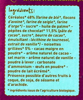 Liste des ingrédients du produit Petits Déj' muesli pépites de chocolat Monoprix Bio, Monoprix 200 g