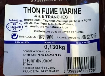List of product ingredients Thon fumé mariné Le Fumet des Dombes 130 g