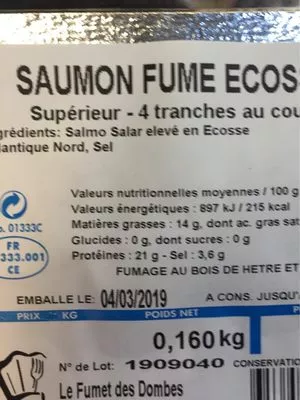 List of product ingredients Saumon fumé écossais le petit Fumé 160 g