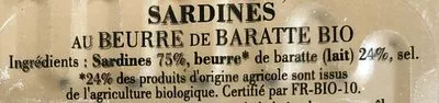 List of product ingredients Sardines au Beurre de Baratte Bio Jacques Gonidec, Les Mouettes d'Arvor 87 g poissons - 115 g poids net
