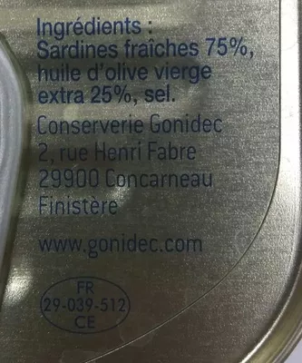 List of product ingredients Sardines à l'huile d'olive vierge extra Millésimées Les Mouettes d'Arvor 115 g