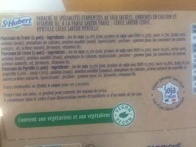 Lista de ingredientes del producto Les petits plaisirs soja aux fruits rouges Saint Hubert 600 g (6 * 100 g)