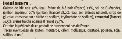 Lista de ingredientes del producto Galettes de blé noir, garnies de jambon supérieur et d'emmental Saveurs U Saveurs,  U x2 soit 300 g