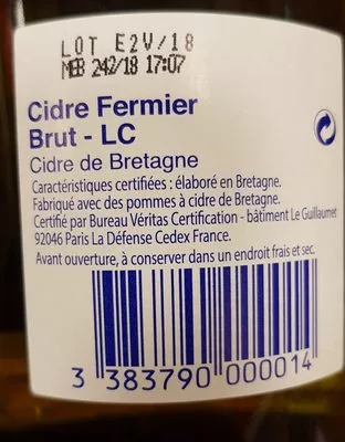 List of product ingredients Cidre fermier Le Brun 75 cl