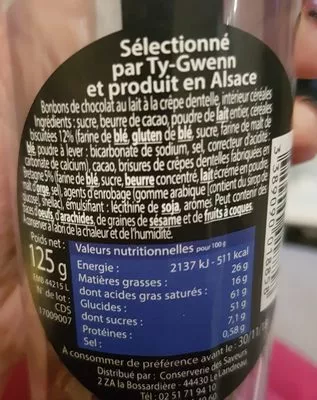 List of product ingredients Croustillants à la Crêpe Dentelle de Bretagne Chocolat au Lait Ty gwenn, Ty-Gwenn 100 g